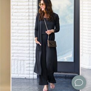Sexy Modest black 3 piece travel set with Long Duster Cardigan, tank, pants